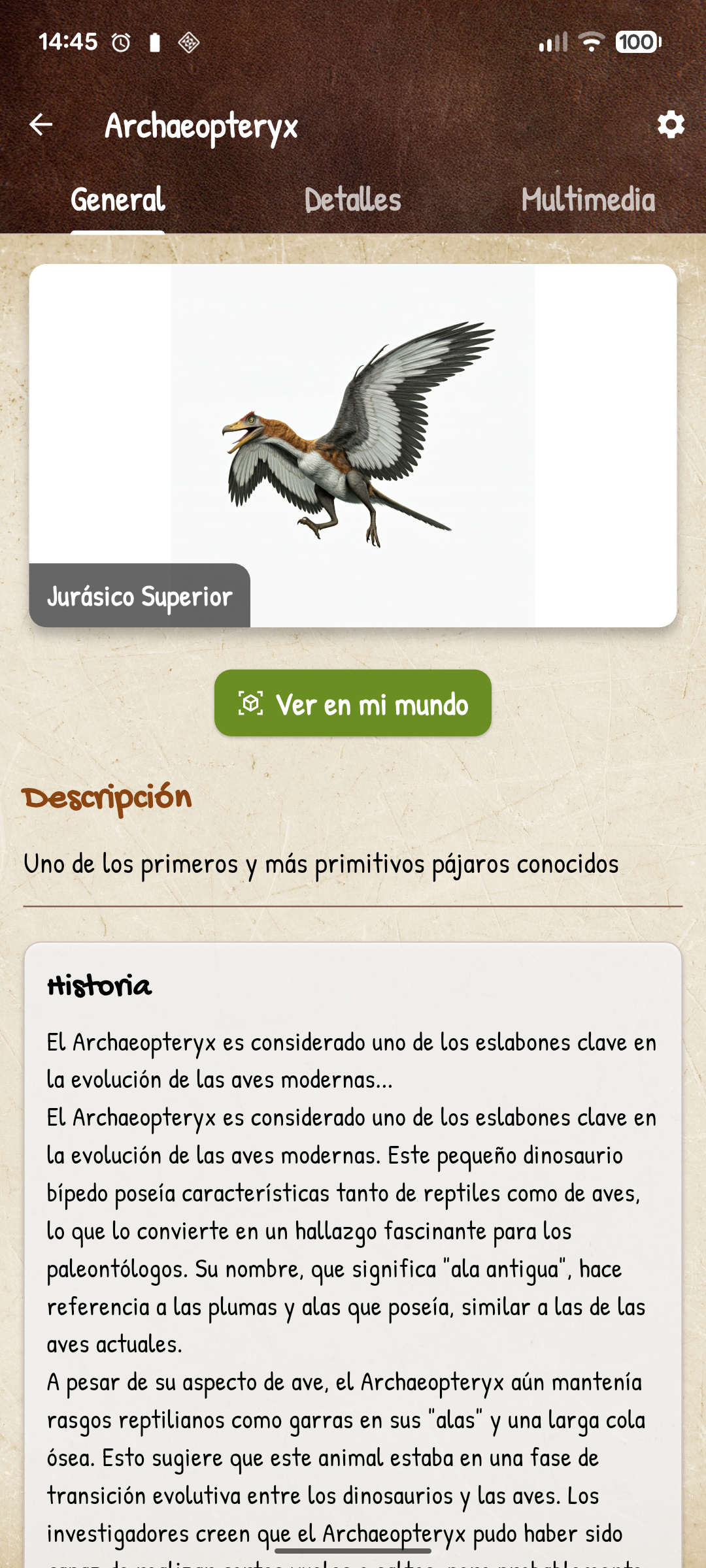 Captura de pantalla de la ficha interactiva de un dinosaurio