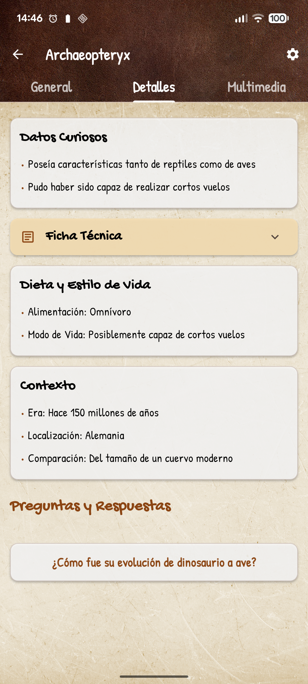 Captura de pantalla de la ficha de detalles de un dinosaurio